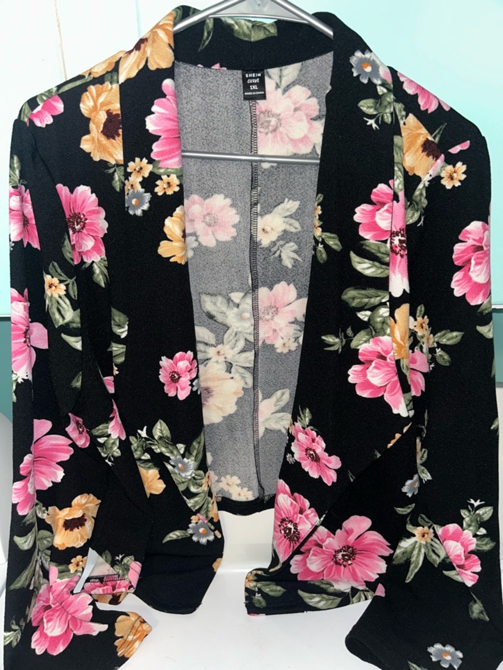 SHEIN Black Floral Open-Front Cardigan with Pink & Yellow Blooms